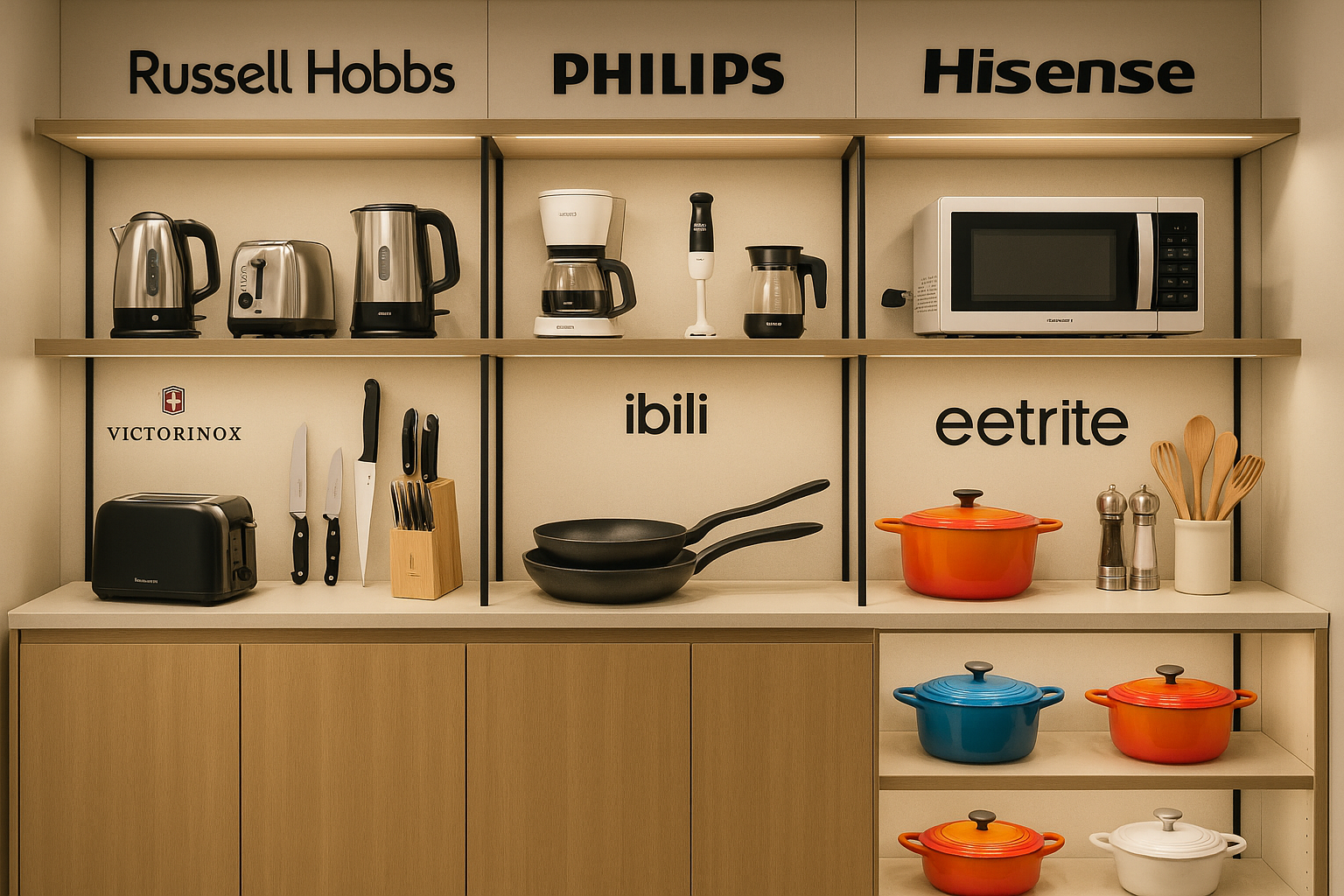 generate a picture of brands like Russell Hobbs, Philips, Hisense, Victorinox, Ibili, Le Creuset, Eetrite